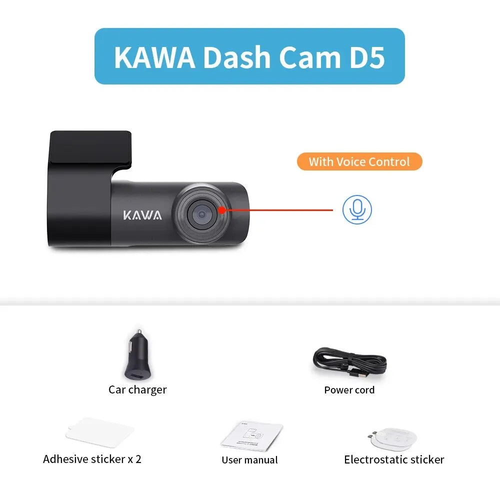 An image of Spy Tech Supply's car dash camera that shows what is in the box including a car charger, power cord, adhesive sticker, user manual, and electrostatic sticker.