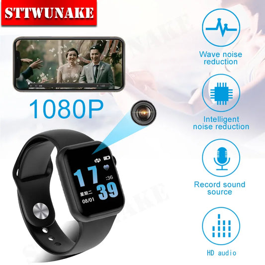 A sleek Mini Camera Watch 1080P with a black wristband is displayed. Above it, a smartphone shows a video of a couple. Text and icons highlight features: "1080P HD," "Wave noise reduction," "Intelligent noise reduction," "Record sound source," and "HD audio." A "STTWUNAKE" logo sits prominently at the top.