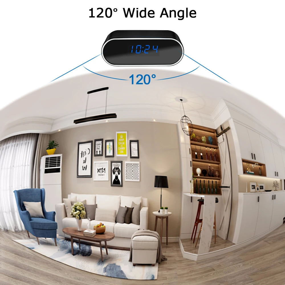 The image shows a living room and kitchen with text and graphics illustrating a "Mini WIFI Camera Clock" with a "120° Wide Angle." The camera captures the room, including a sofa, armchair, coffee table, wall art, and kitchen counter. The camera's viewing angle is prominently displayed for remote viewing.