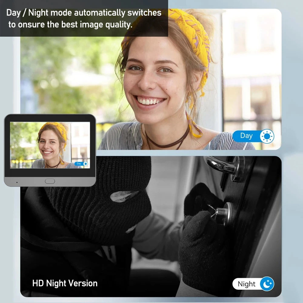 Top half of the image shows a smiling woman with a yellow headband in a brightly lit setting labeled "Day". The bottom half depicts a masked person in darkness attempting to pick a door lock, labeled "Night". Caption: "4.3 Inch WiFi Peephole Camera Day/Night mode automatically switches to ensure the best 1080P HD resolution.