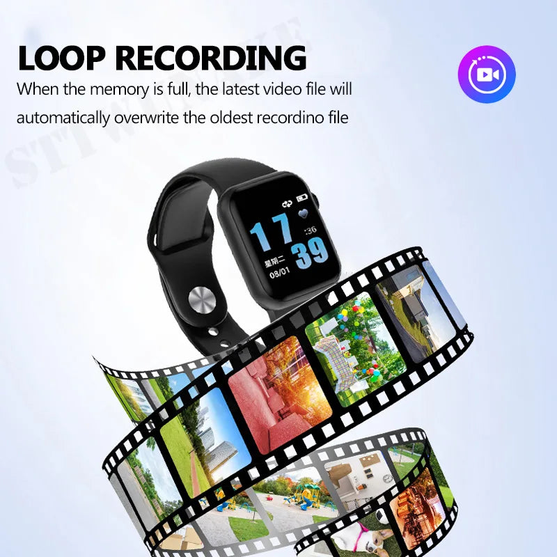 An image of a black Mini Camera Watch 1080P with a colorful screen displaying "17:39." The background features a winding strip of film negative with various vibrant images. Text at the top reads "Loop Recording," with additional small print explaining the 1080P HD voice video recorder feature.