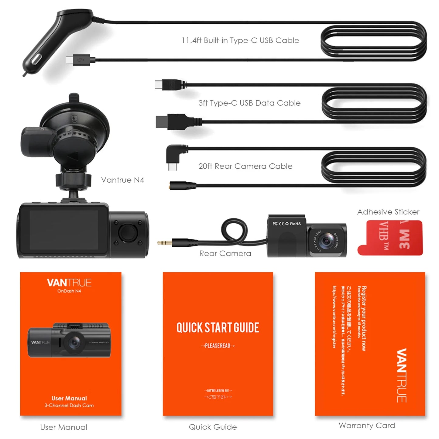 The 3 Way Dash Camera package includes an 11.4ft built-in Type-C USB cable, a 3ft Type-C USB data cable, a 20ft rear camera cable, a rear camera with NightShot Function, an adhesive sticker, the 3 Way Dash Camera featuring 2560x1440 Resolution, a user manual, quick start guide, and warranty card on