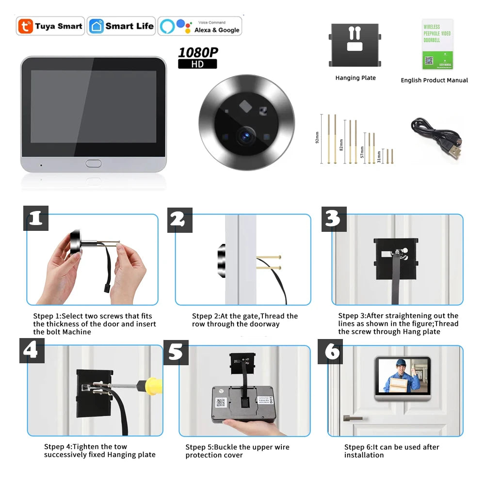 A product setup guide infographic for a 4.3 Inch WiFi Peephole Camera, featuring a rechargeable lithium ion battery, compatible with Tuya Smart and Smart Life apps, as well as Amazon Alexa and Google Assistant. The guide includes images of the doorbell components and six steps for installation.