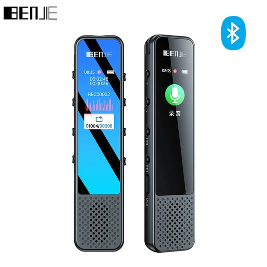 Two Bluetooth Voice Recorders With Speaker are shown. The left device has a screen displaying recording status, time, and storage capacity. The right device shows a recording interface with a microphone icon. Both mini dictaphones have buttons on the side and Bluetooth capability, doubling as Bluetooth MP3 players.