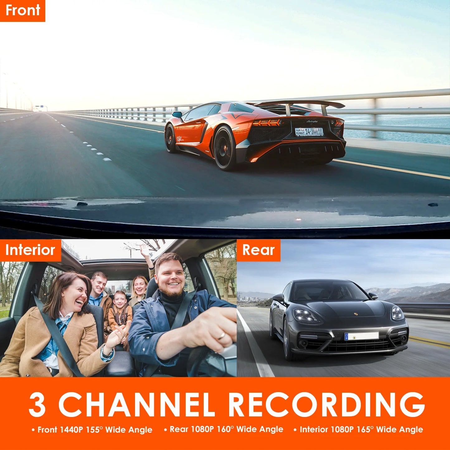 An image promoting a 3 Way Dash Camera with three-channel recording. The top frame shows an orange sports car on a bridge labeled "Front." A group of people smiling in a car is labeled "Interior." The bottom frame shows a black car on the road labeled "Rear." Text reads, "3 Channel Recording with Loop-Cycle Recording.