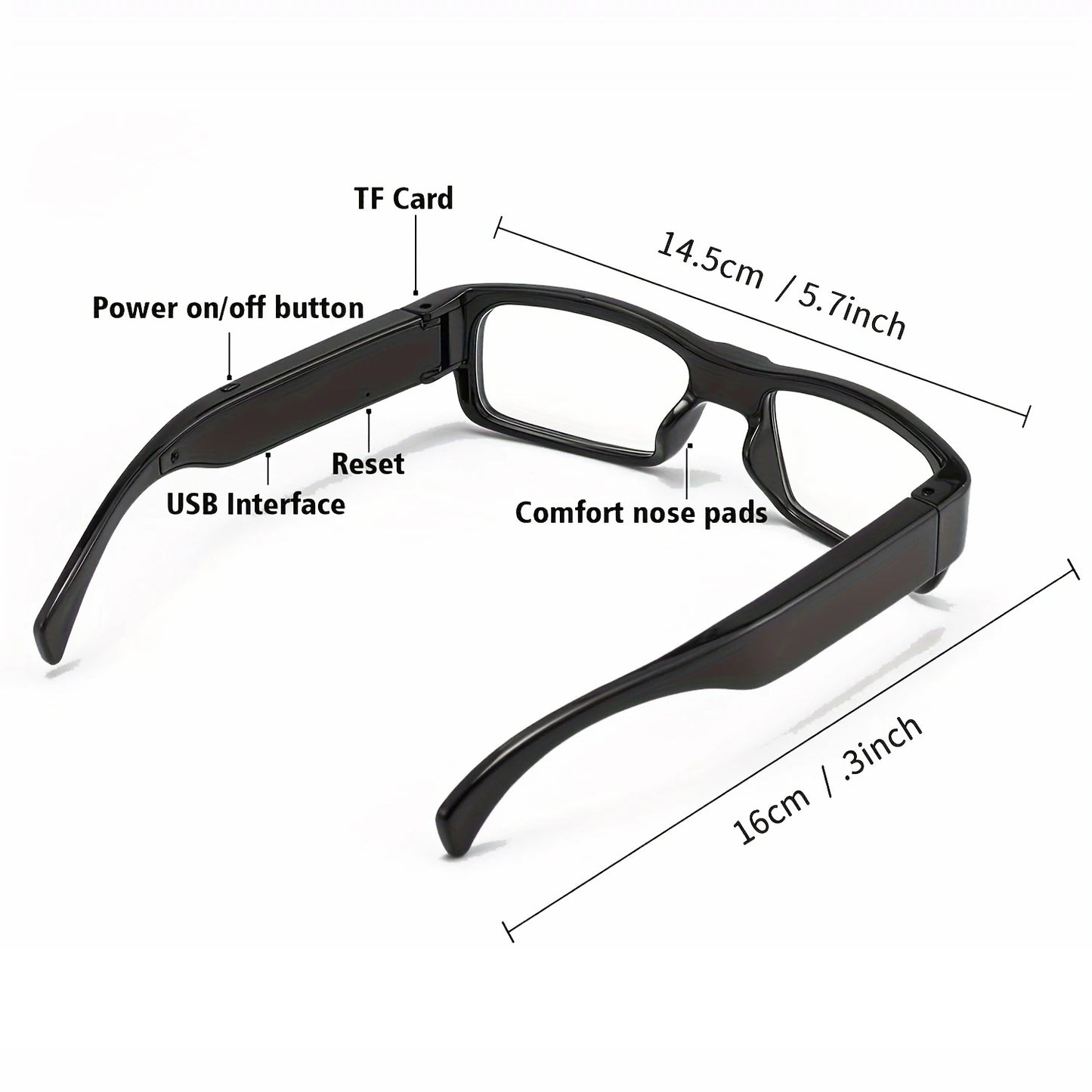 A pair of black HD 1080P Video Recording Smart Glasses is shown from the back, showcasing various features. Labels highlight the TF card slot compatible with MicroSD Memory Cards, power on/off button, USB interface, reset button, comfort nose pads, and the glasses' dimensions: 14.5 cm width and 16 cm length.