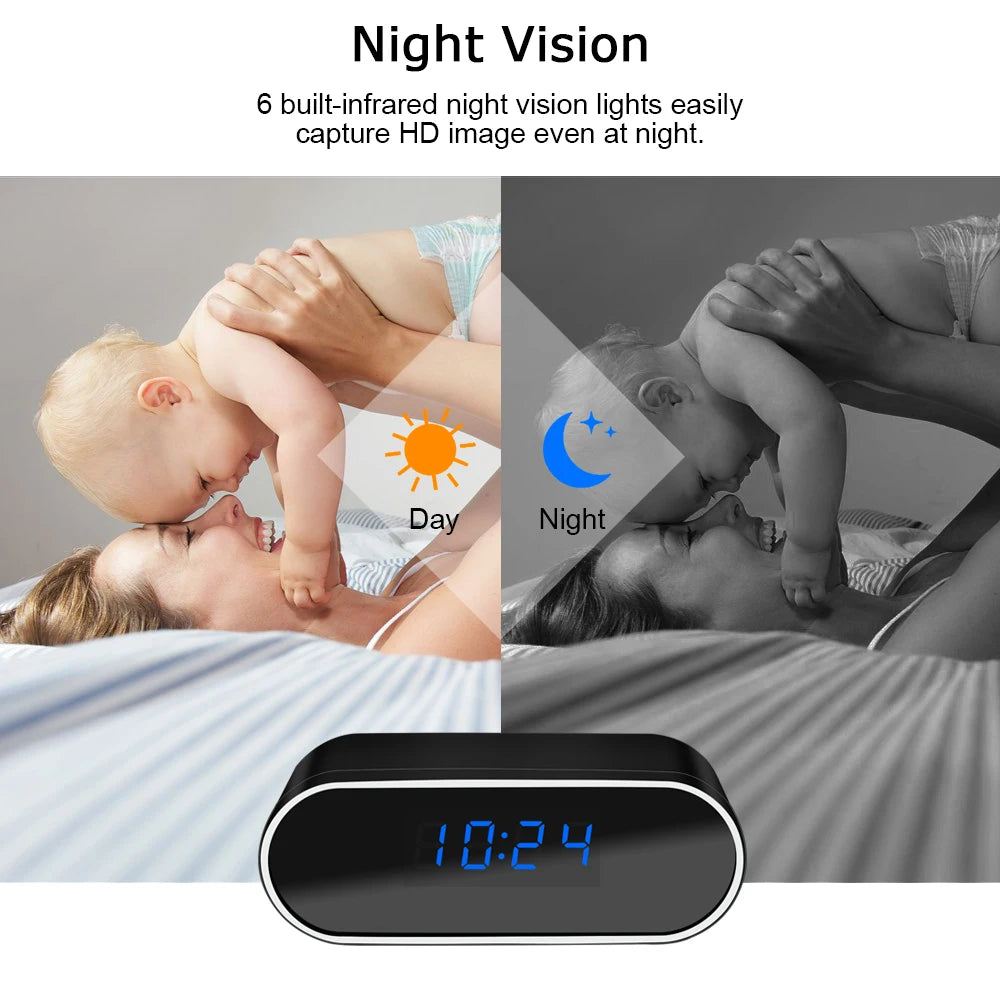 Image of a night vision device advertisement featuring a digital clock displaying 10:24. The background shows a mother and baby playing, illustrating a split view with day and night modes. Text above reads: "Night Vision: 6 built-in infrared lights easily capture HD image even at night with our Mini WIFI Camera Clock for remote viewing.