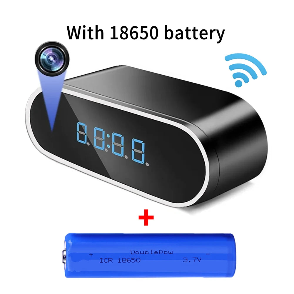 A Mini WIFI Camera Clock from Spy Tech Supply, a sleek black digital clock with a hidden high-definition 1080P camera. The clock features a clear LED display for time and date, seamlessly blending into any home or office decor. This innovative device offers real-time video streaming, remote viewing, and continuous loop recording for 24-hour surveillance, making it ideal for discreet monitoring and security purposes.