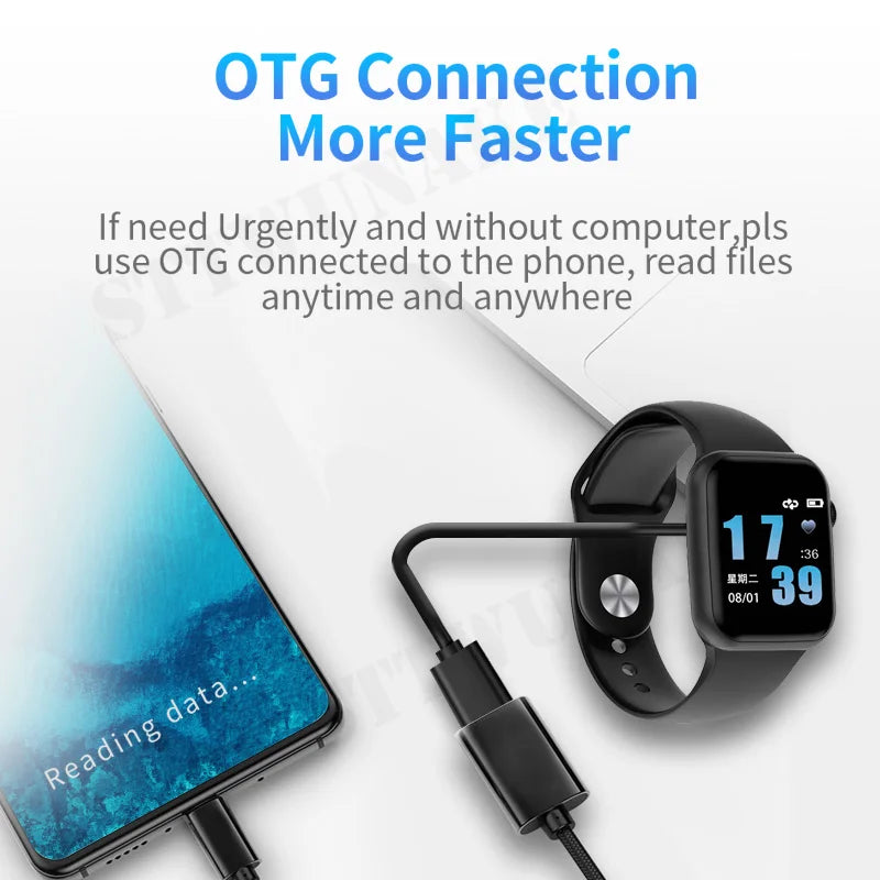 A Mini Camera Watch 1080P and smartphone connected via an OTG adapter are displayed against a white background. The text reads, "OTG Connection More Faster," advising using the OTG connection to access files urgently without a computer. Perfect for transferring 1080P HD videos seamlessly on the go.