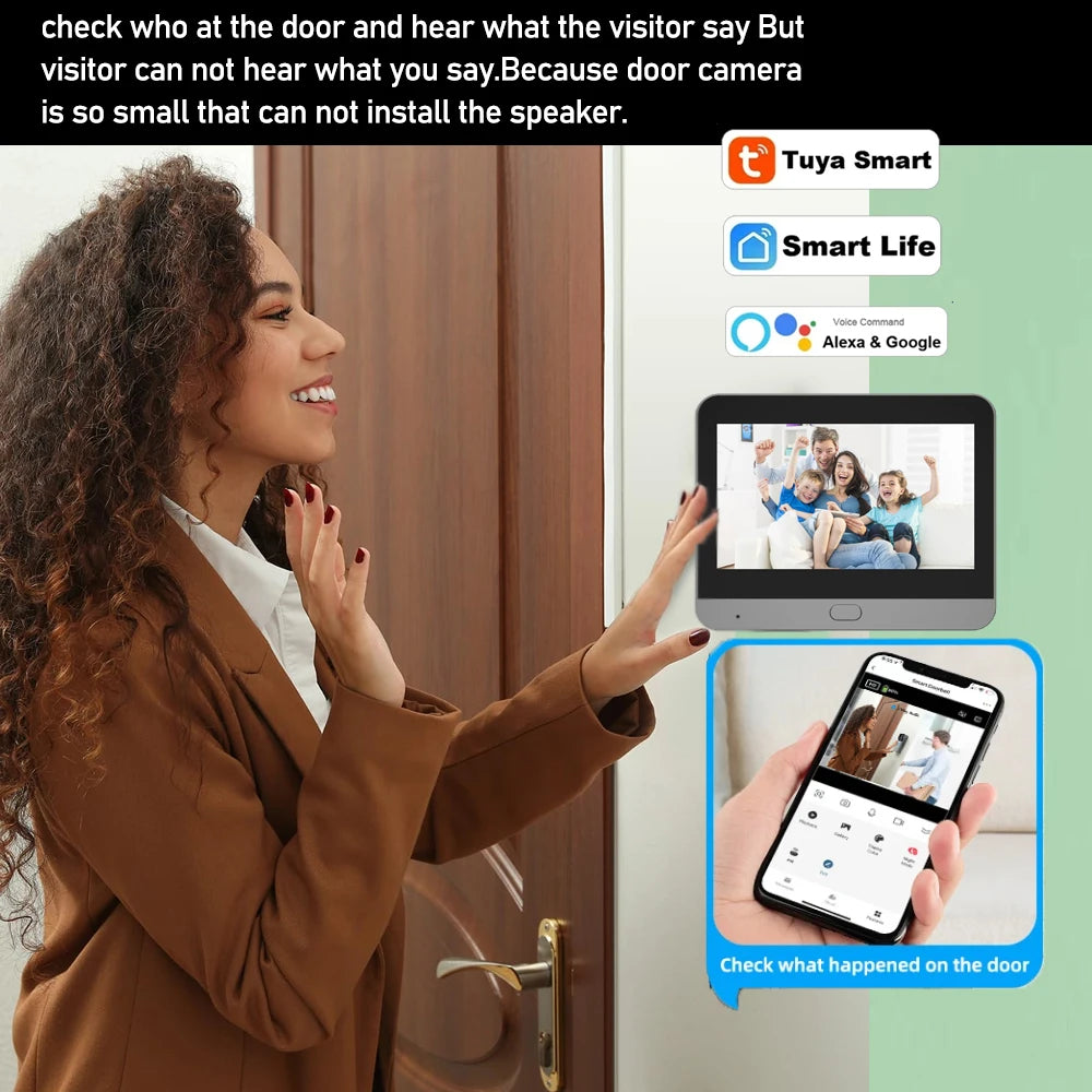 A woman, smiling, waves at a 4.3 Inch WiFi Peephole Camera screen displaying a family in stunning 1080P HD resolution. Compatible with Tuya Smart, Smart Life, Alexa, and Google, the system includes a mobile app interface for monitoring surroundings. Featuring a rechargeable 5000mAh battery, the camera is small and efficient.