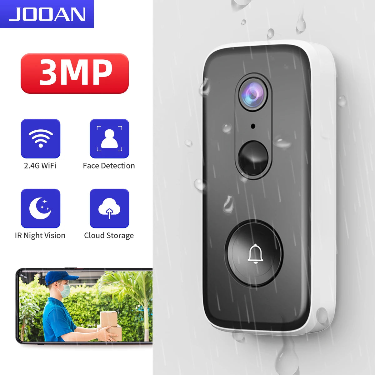 Image of a Wireless Doorbell Security Camera With Motion Detection in use. This WiFi Video Doorbell boasts features like 3MP resolution, 2.4G WiFi, face detection, IR night vision, and cloud storage. The camera is shown in rainy conditions, capturing a delivery person with a package.