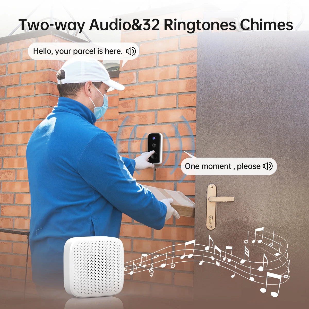 A delivery person wearing a blue jacket and face mask places a package at a doorstep while using a Wireless Doorbell Security Camera With Motion Detection intercom system. Text on the image highlights "Two-way Audio & 32 Ringtones Chimes". Musical notes and a speaker are also visible.