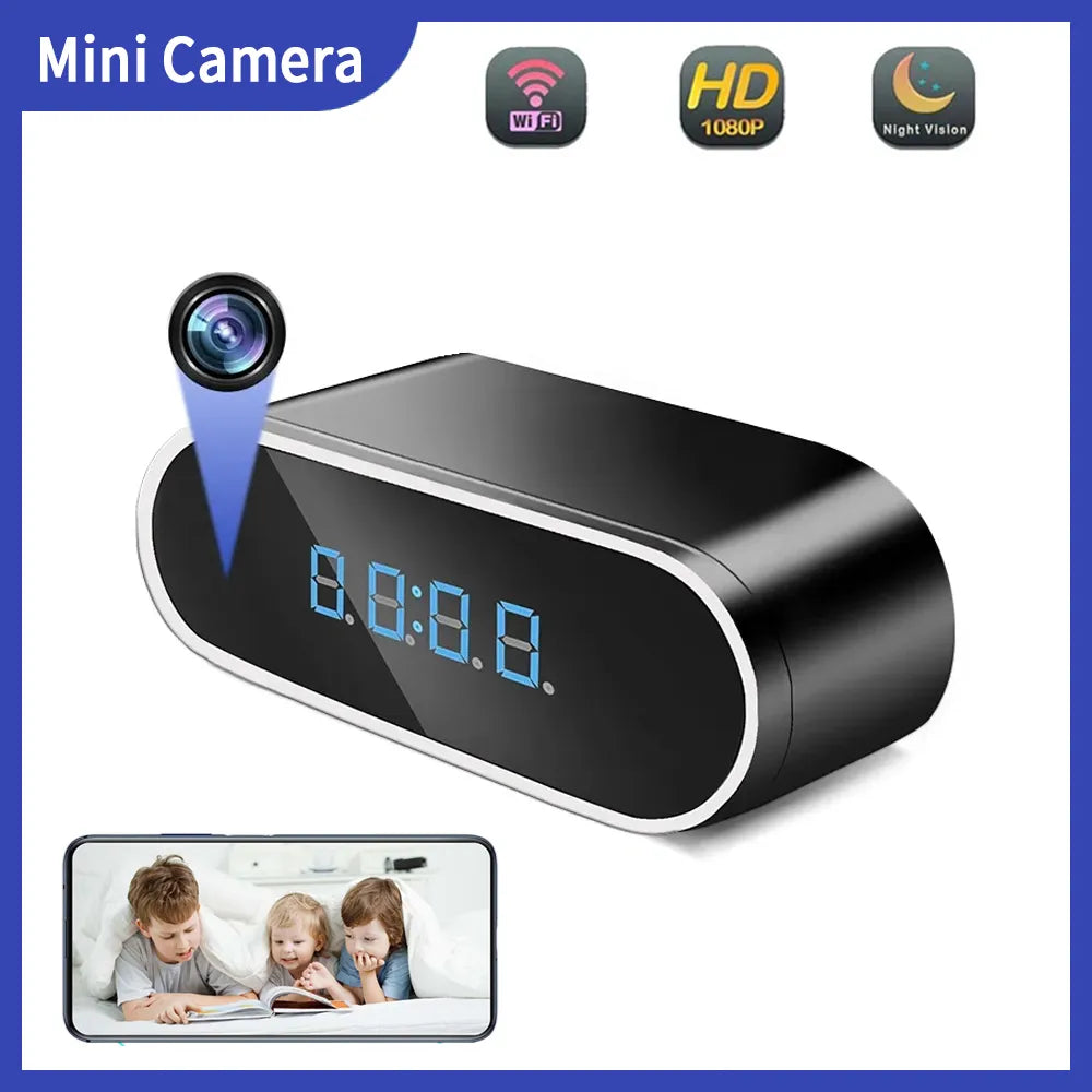 A Mini WIFI Camera Clock with an integrated hidden camera is displayed against a white background. The upper left corner reads "Mini Camera" in a blue box, and three icons indicate Real-Time Video Streaming, HD 1080P, and Night Vision features. A smartphone shows live footage of children.