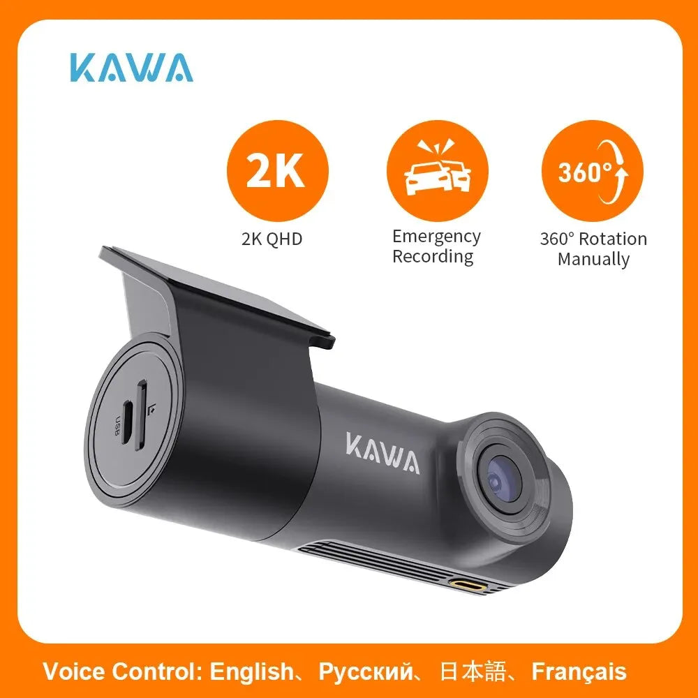 Image of a 2K Dash Camera For Car With Voice Control branded dash camera with a modern design. Features listed include "2K QHD," "Emergency Recording," and "360° Rotation Manually." The interface mentions voice control in English, Russian, Japanese, and French. This portable recorder image has an orange border.