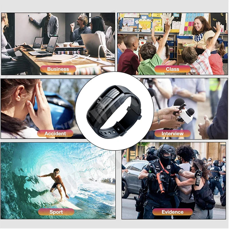 A collage shows six different scenarios: business meeting, classroom, car accident, interview, surfing, and police activity. In the center is a black Smart Band Camera Watch, suggesting its versatile use in various situations.