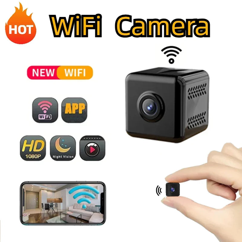 Image of a promotional poster for a 1080P Mini Camera With Wifi. The camera is small, black, and cube-shaped. Features include HD 1080p resolution, Wi-Fi live streaming, app control, and night vision. A hand is shown holding the camera while a smartphone displays the connected remote monitor footage in real time.