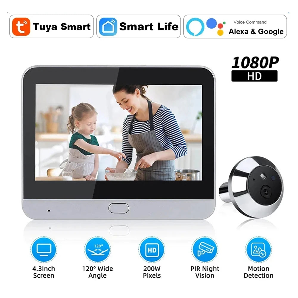 An image showcasing a 4.3 Inch WiFi Peephole Camera with 1080P HD resolution. Features include a 4.3-inch screen, 120° wide angle, PIR night vision, and motion detection. Compatible with Tuya Smart, Smart Life, Alexa, and Google. The main screen displays a mother and daughter baking together.