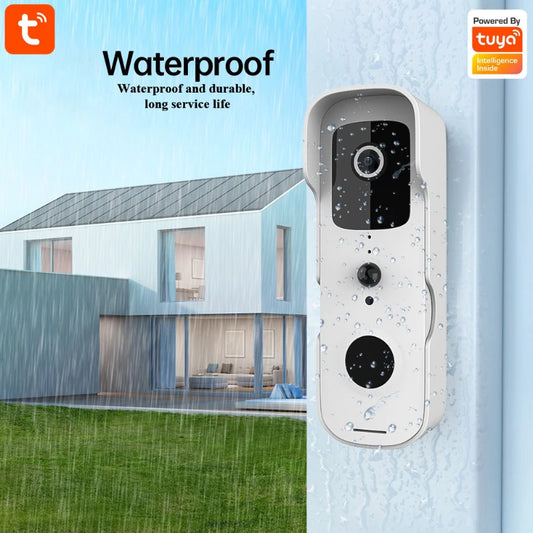 A Waterproof Wireless Doorbell Camera is mounted on an exterior wall during a rainstorm. Raindrops are visible on the doorbell, showcasing its waterproof feature. A modern, two-story house is blurred in the background. The image includes logos of "t" and "Powered by Tuya," reflecting smart home integration.