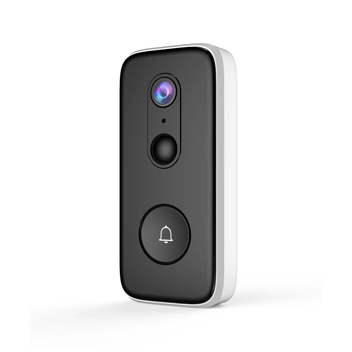 Waterproof Wireless Doorbell Security Camera with Motion Detection, featuring a sleek black design, mounted beside a front door, ensuring enhanced home security with real-time monitoring and two-way communication