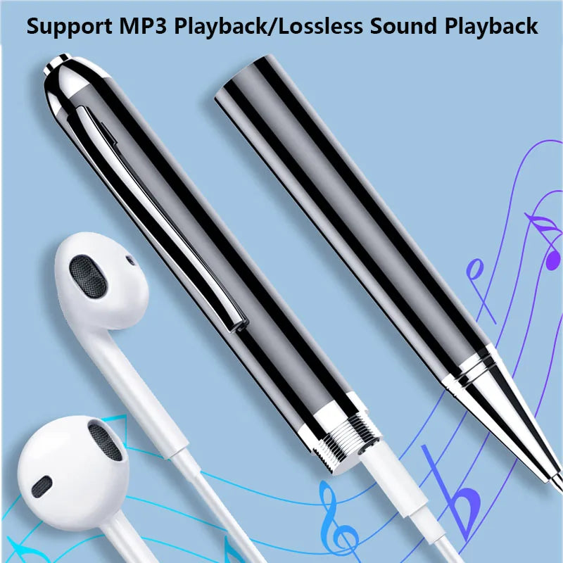 A sleek, metallic pen disassembled into two parts with white earbuds attached, against a light blue background featuring musical notes and text that reads "Support MP3 Playback/Lossless Sound Playback." This innovative Digital Pen Voice Recorder also boasts advanced Noise Reduction technology for crystal-clear audio.