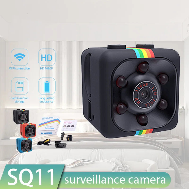 Promotional image for the 1080P Portable Wireless Mini Camera: The black SQ11, adorned with a rainbow stripe, showcases features like HD 1080P resolution, motion detection, WiFi connectivity, card insertion storage, and long-lasting endurance. Various accessories are displayed around it.