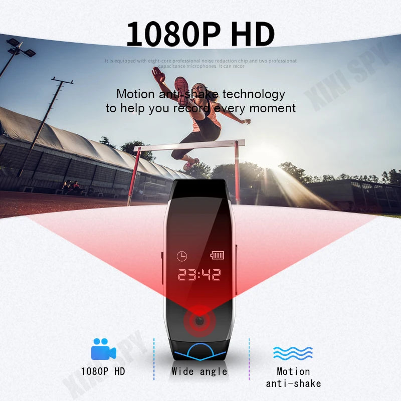 A promotional image for a Smart Band Camera Watch displaying its features. The device, equipped with Noise Reduction Technology, is shown in the foreground with labels for "1080P HD," "Wide angle," and "Motion anti-shake." In the background, an athlete is captured mid-jump on an outdoor track.