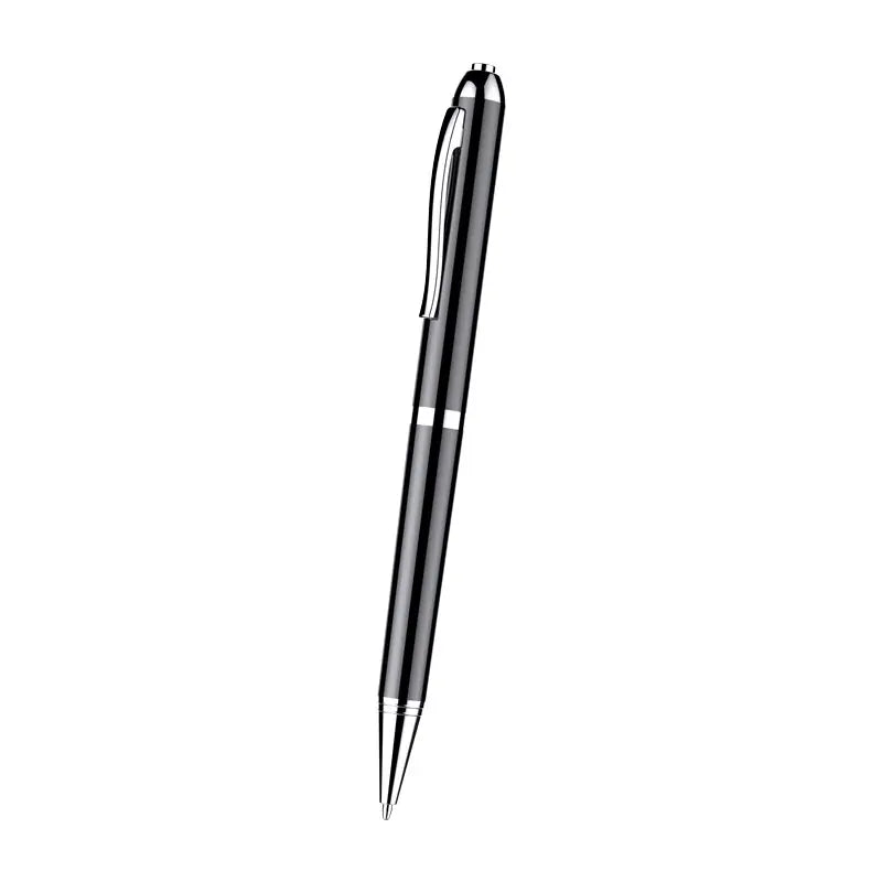 A sleek digital pen voice recorder lies horizontally against a clean, white background. The pen is black with a glossy finish, featuring a subtle metallic clip. The tip of the pen is slightly tapered, resembling a traditional writing instrument. Adjacent to the pen, there is a small USB cable and a pair of discreet, wired earphones, hinting at its recording and playback capabilities. The overall design is minimalist and sophisticated, ideal for professional settings.