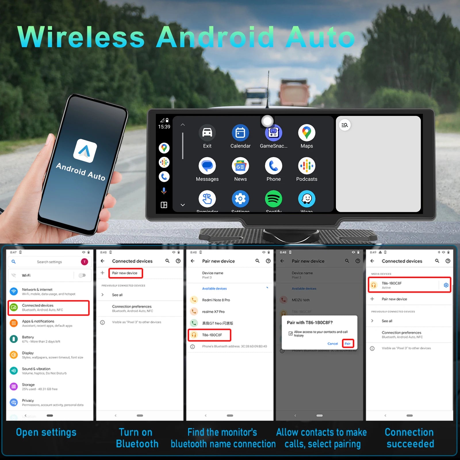 Image showing a setup guide for Dash Cam With Wireless Carplay and Android Auto. The top part features a smartphone displaying the Android Auto app and a car dashboard screen with the app interface. The bottom part illustrates five steps to connect, including opening settings, turning on Bluetooth, pairing devices, allowing contacts, and confirming connection success.