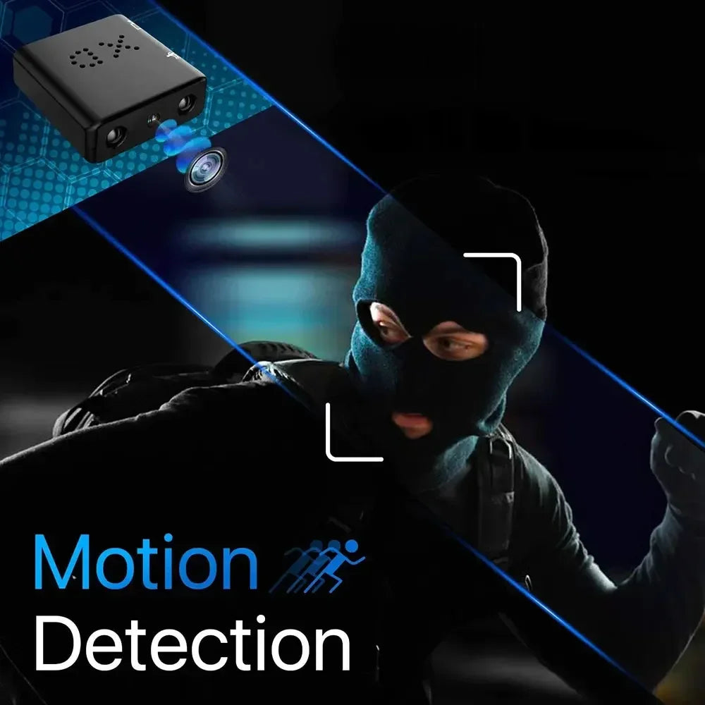 An image showing a masked individual illuminated by a motion detection system. The Spy Tech Mini 1080P Camera is depicted in the top left corner, its beam highlighting the person. The words "Motion Detection" are seen at the bottom left of the image.