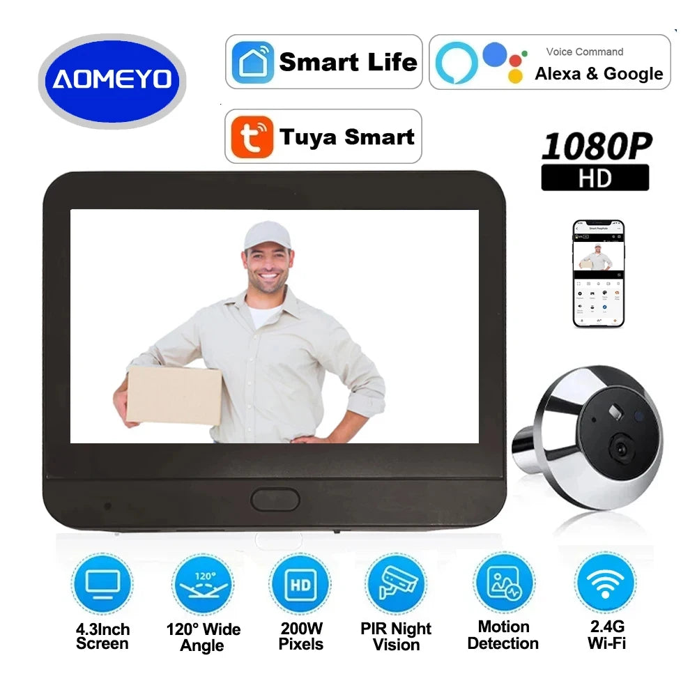 Doorbell camera with digital viewer, app access, and 120 degree wide angle.