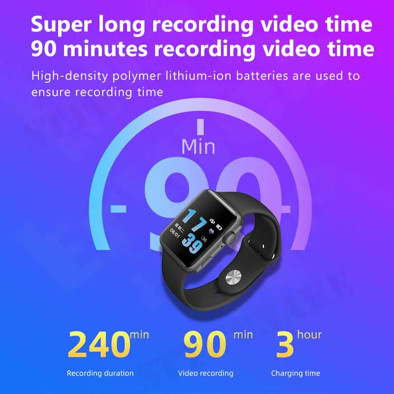 Image showing a promotional graphic for a Mini Camera Watch 1080P. The text highlights its features: "Super long recording video time: 90 minutes in stunning 1080P HD." This Mini Camera Watch 1080P records videos for 90 minutes, has a 240-minute recording duration, and a 3-hour charging time.