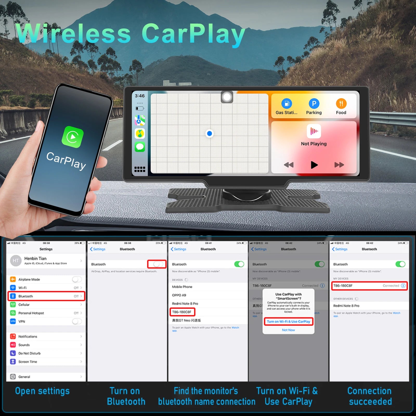 Image of a "Dash Cam With Wireless Carplay and Android Auto" setup. A car's dashboard displays navigation and music controls with Bluetooth connection. A smartphone with the CarPlay app is shown alongside instructions for setting up CarPlay via Bluetooth, highlighting options on the phone's settings screen.