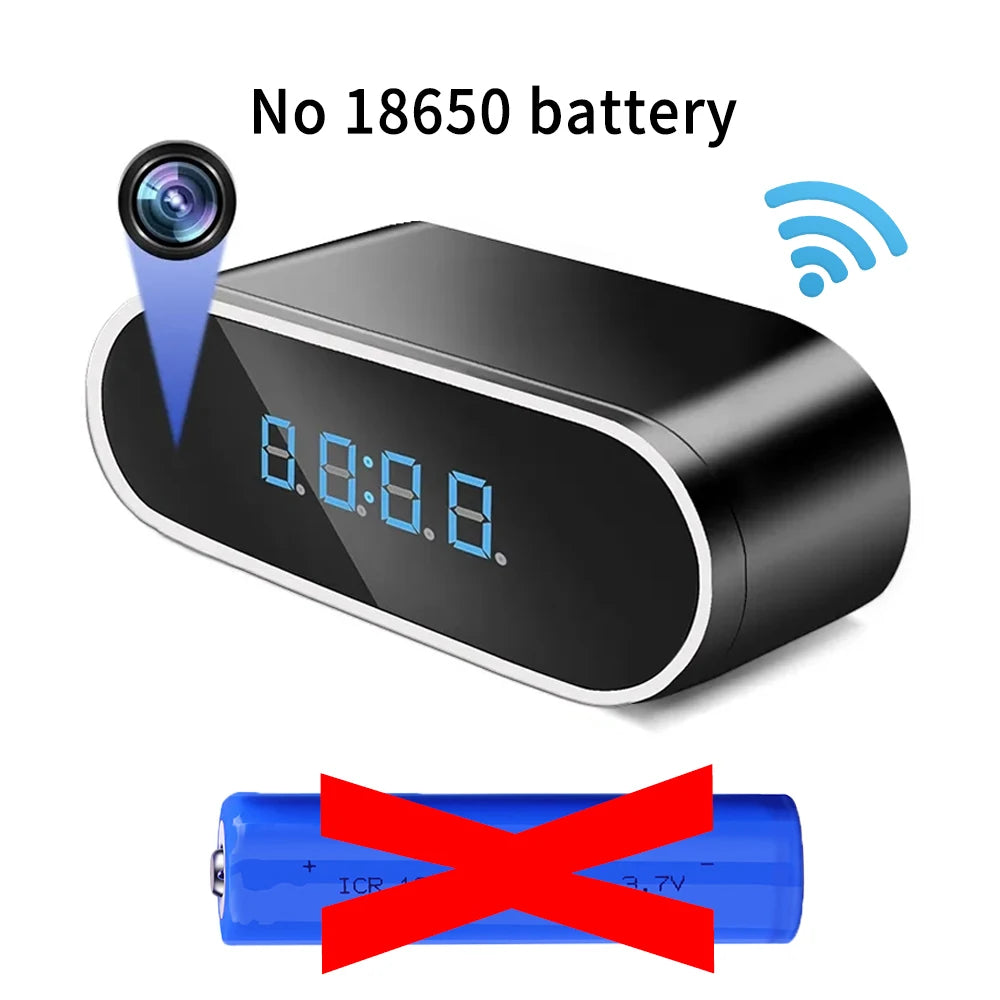 A Mini WIFI Camera Clock from Spy Tech Supply, a sleek black digital clock with a hidden high-definition 1080P camera. The clock features a clear LED display for time and date, seamlessly blending into any home or office decor. This innovative device offers real-time video streaming, remote viewing, and continuous loop recording for 24-hour surveillance, making it ideal for discreet monitoring and security purposes.