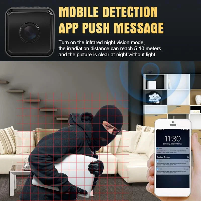 A promotional image for the 1080P Mini Camera With Wifi. It shows a masked intruder holding a laptop in a living room, with red detection lines. A hand holding a smartphone with HD video capture and Wi-Fi live streaming notifications is also visible. The text highlights night vision mode and push notifications.