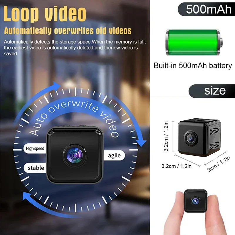 Image of a small, black, cube-shaped 1080P Mini Camera With Wifi showcasing features such as HD video capture, loop video recording, automatic overwrite, a built-in 500mAh battery, and dimensions (3.2cm x 3.1cm x 3.1cm). A hand is pictured holding the camera for size reference and Wi-Fi live streaming for remote monitoring.