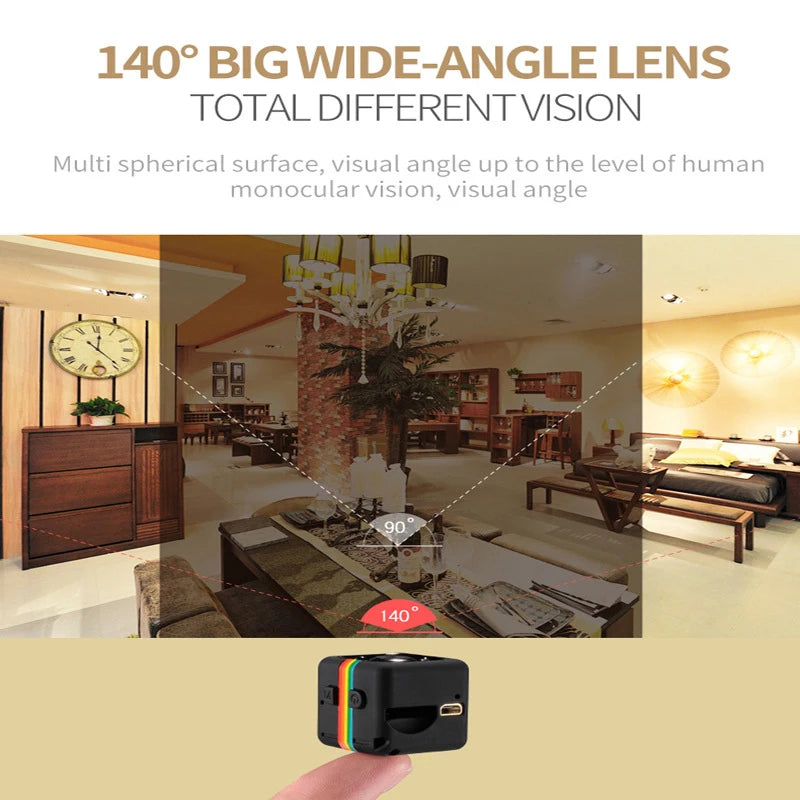 An image featuring a 1080P Portable Wireless Mini Camera with a 140° wide-angle lens demonstrating its field of view compared to a 90° lens. The room showcased has furniture, including a dining table, chairs, and a clock on the wall. A hand holds the HD 1080P device in the foreground, highlighting its small size.