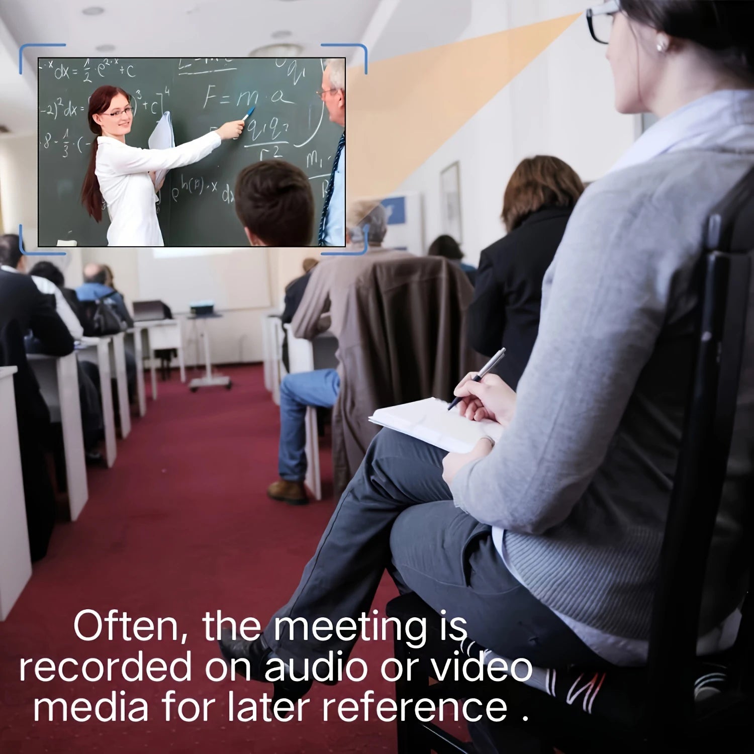 People are seated in a classroom setting, attentively listening to the instructor. There's a small inset image at the top showing a teacher writing on a chalkboard. A caption reads, "Often, the meeting is recorded in Full-HD 1080P on HD 1080P Video Recording Smart Glasses for later reference.