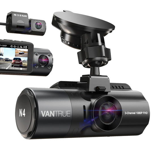 A black 3 Way Dash Camera with 3-Channel 1080P full HD capability is shown. The main camera unit, mounted on a suction cup, boasts both a NightShot Function and superior 2560x1440 Resolution. Smaller images feature different angles and the camera's screen showing recorded footage of a car driving on a road.