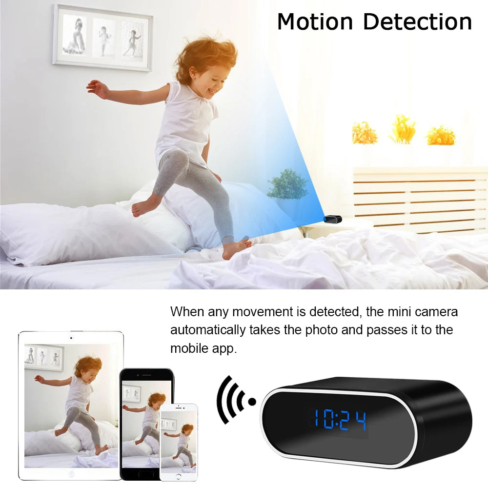 A child is jumping on a bed, with a motion detection alert shown as a blue beam. Below, there's an image of a Mini WIFI Camera Clock with a hidden camera and a smartphone screen showing the child. The caption reads, "When any movement is detected, the mini camera automatically takes the photo and passes it to the mobile app.