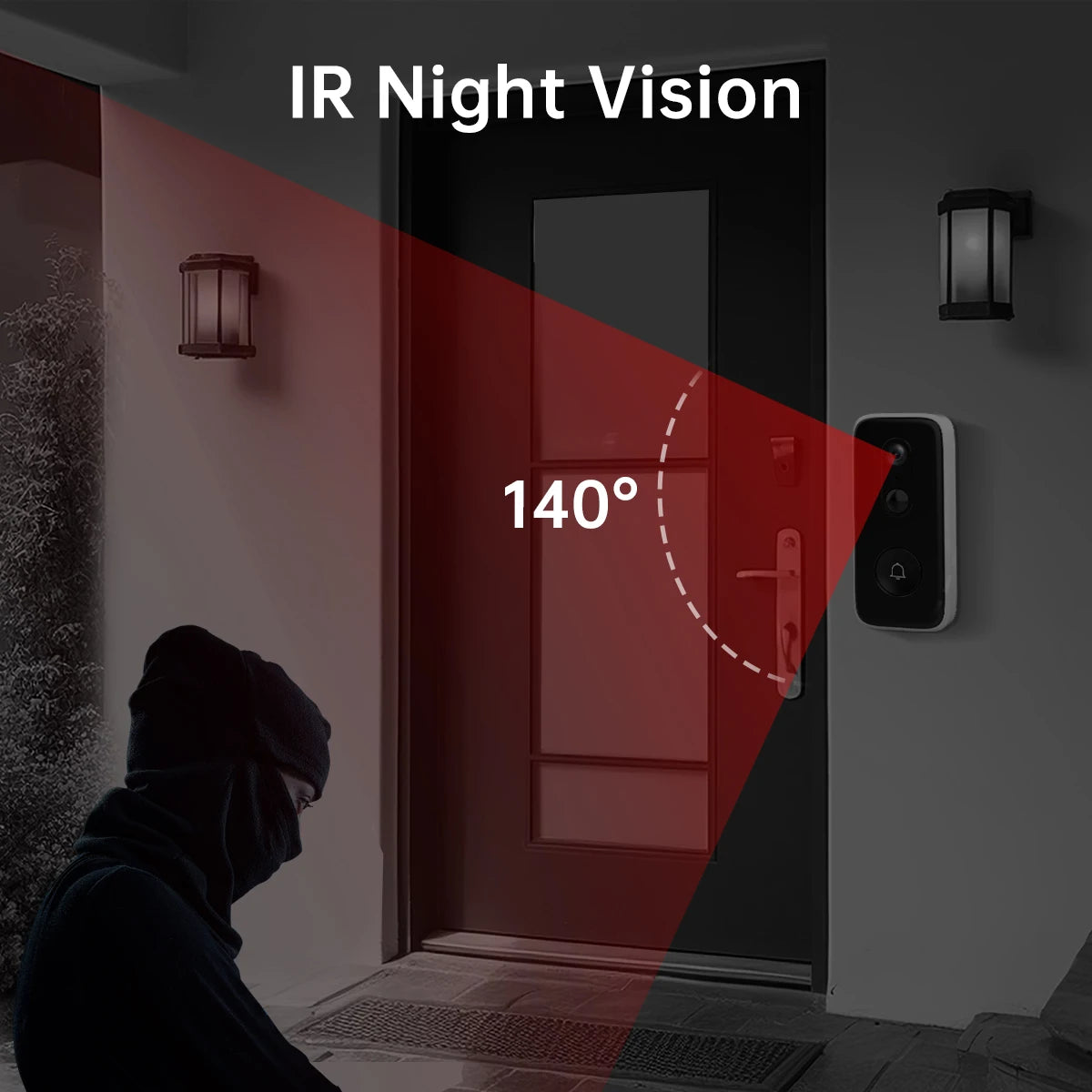 A black-and-white image of a house entrance with a door and two wall lights. A Wireless Doorbell Security Camera With Motion Detection is shown covering a 140-degree angle in red. A shadowy figure wearing a hoodie is partially visible in the lower left corner. Text reads "IR Night Vision.