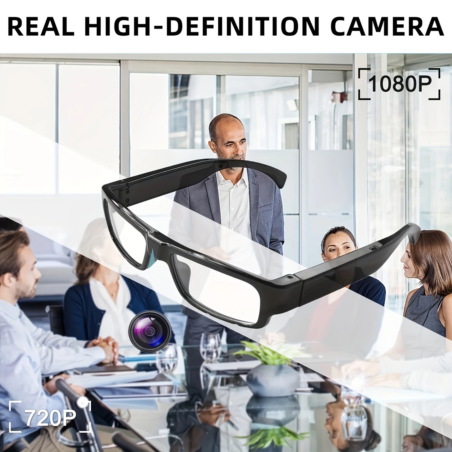 A promotional image showcases a pair of **HD 1080P Video Recording Smart Glasses** with a built-in high-definition CMOS camera. The glasses are prominently displayed in the center with labels indicating 1080P Full-HD resolution. The background features a business meeting with people sitting around a conference table.