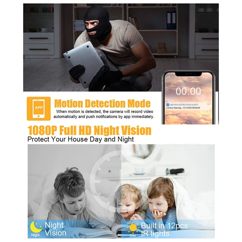 A security system advertisement shows a masked intruder and a smartphone alert. The text highlights features such as Motion Detection Mode, 1080P Mini Camera With Wifi, and built-in IR lights with Wi-Fi Live Streaming for remote monitor. An image shows children in bed with day and night vision comparison.