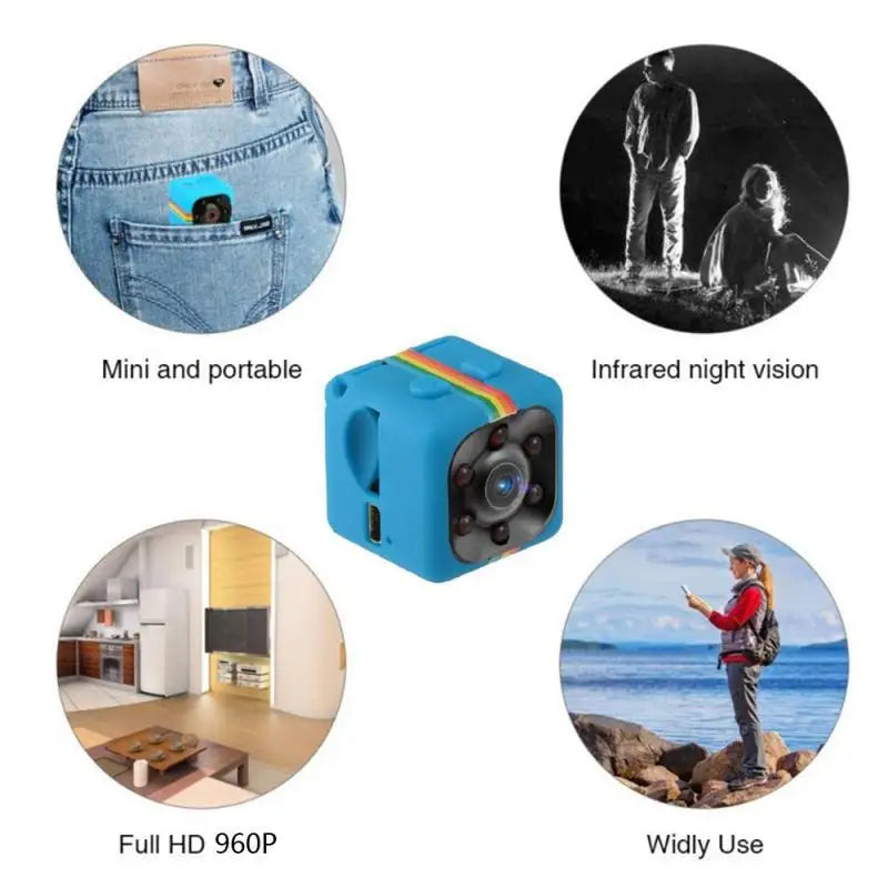 A collage shows a 1080P Portable Wireless Mini Camera. Surrounding images highlight the camera's features: portability (camera in pocket), motion detection (two people in dark), HD 1080P resolution (living room), and wide use (person near ocean).