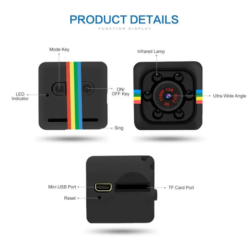 Image showing a small black 1080P Portable Wireless Mini Camera with colorful stripes in the middle. The camera has several labeled components: Mode Key, LED Indicator, Infrared Lamp, ON/OFF Key, Ultra Wide Angle, Sing, Mini USB Port, Reset, and TF Card Port. It features HD 1080P Resolution and Motion Detection.