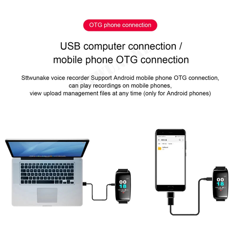 An image showing an OTG (On-The-Go) phone connection setup. A laptop is connected to a smartphone with a USB cable. The smartphone, in turn, is connected to a Smart Band Camera Watch via another USB cable, illustrating data transfer and file management across the devices.