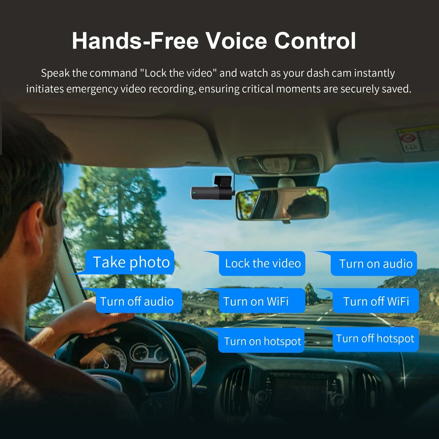 A person is driving a car, and voice control commands for a 2K Dash Camera For Car With Voice Control are displayed on the windshield. Commands include "Take photo," "Lock the video," "Turn on audio," "Turn off audio," "Turn on WiFi," "Turn off WiFi," "Turn on hotspot," and "Turn off hotspot.