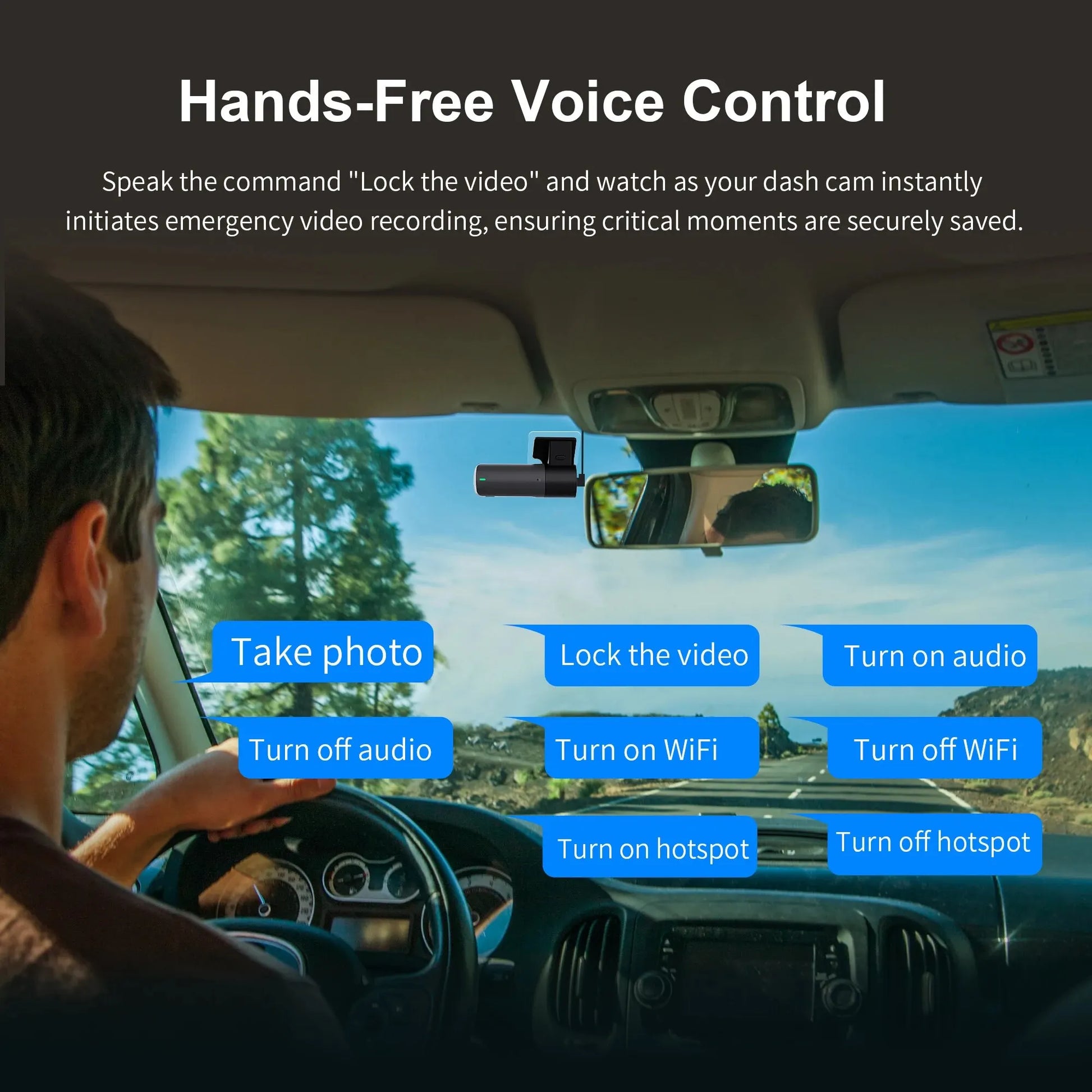 A person is driving a car, and voice control commands for a 2K Dash Camera For Car With Voice Control are displayed on the windshield. Commands include "Take photo," "Lock the video," "Turn on audio," "Turn off audio," "Turn on WiFi," "Turn off WiFi," "Turn on hotspot," and "Turn off hotspot.